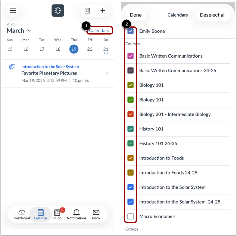 How do I view the Calendar in the Canvas app on my iOS device ...