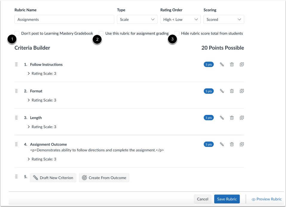 Select Rubric Settings