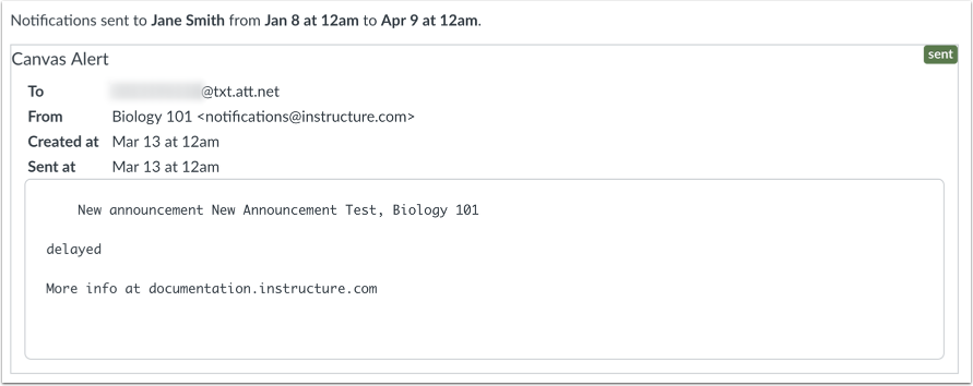 View Notifications Sent to User