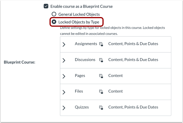 Course Settings Objects by Type