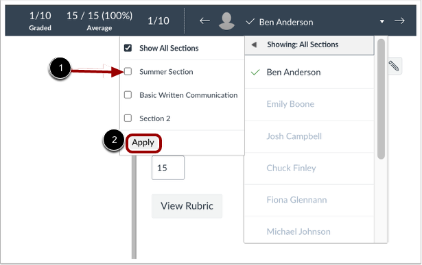 View Speedgrader Section Dropdown-Menu