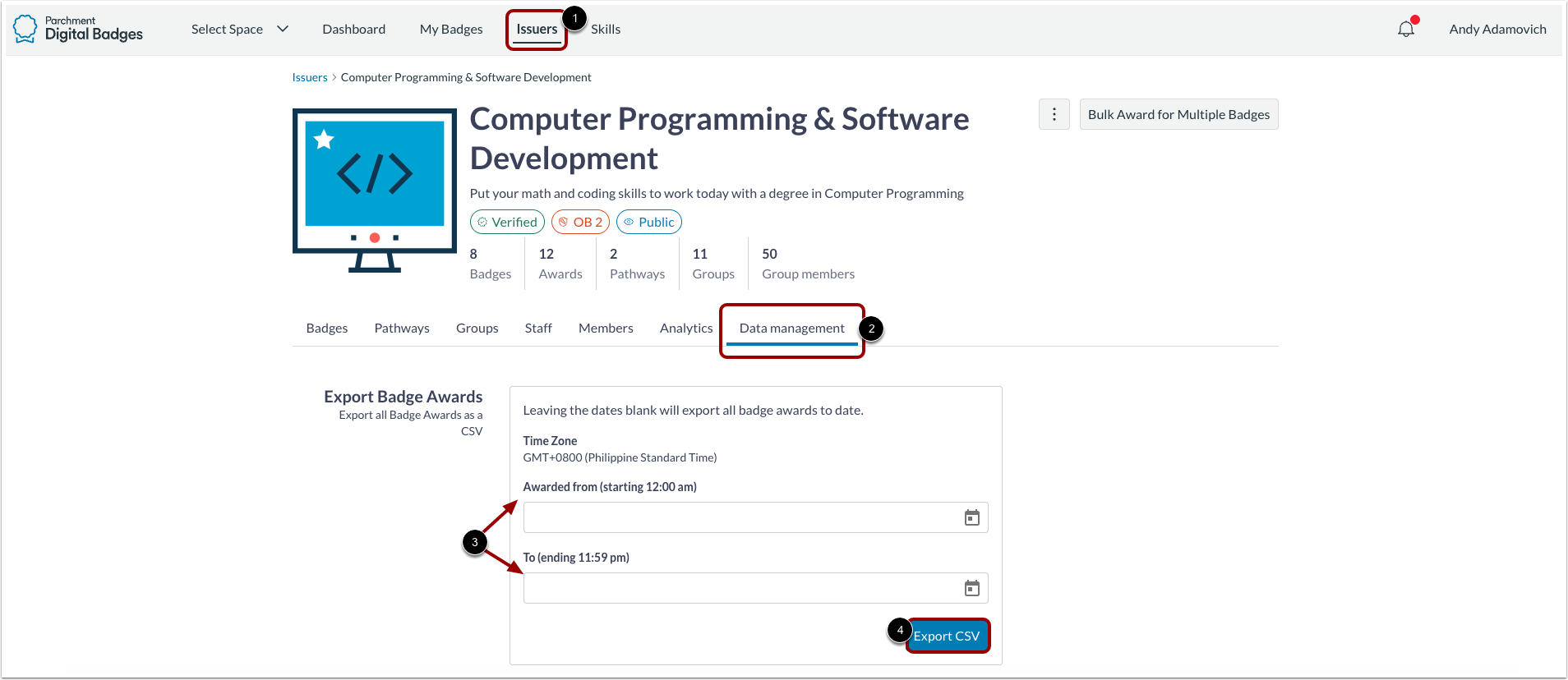 Exporting a badge awards to a CSV file: