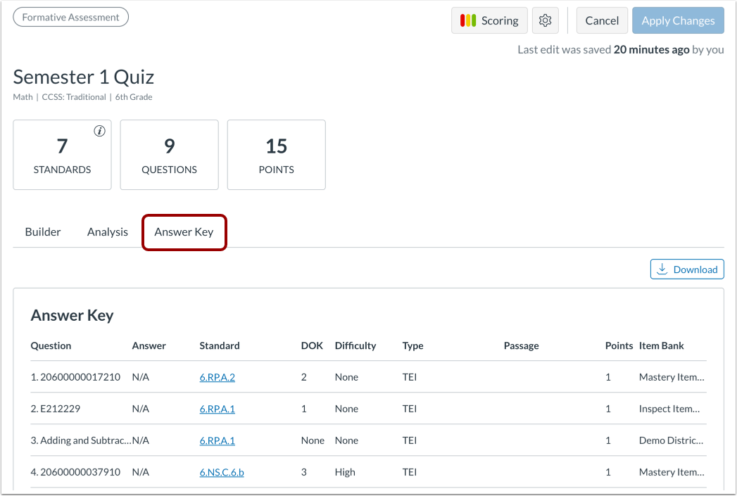 View Answer Key in Assessment Editor