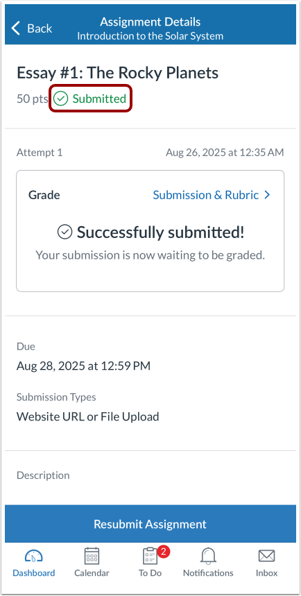 View Assignment Details Page