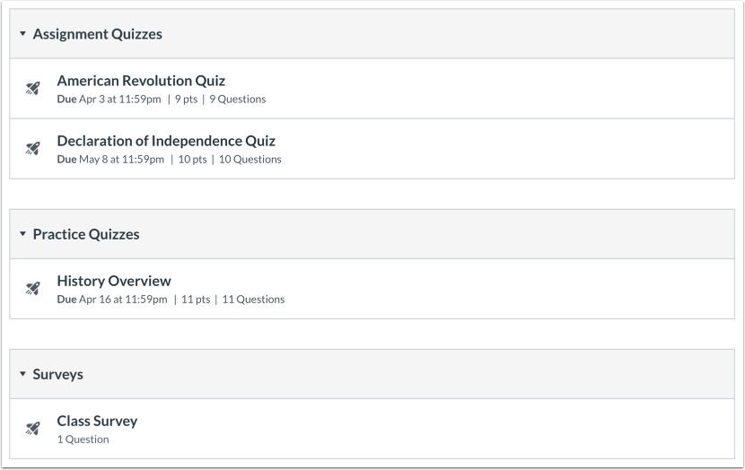 Quizzes Student View
