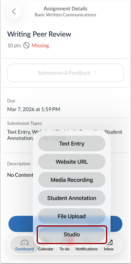 How do I submit a Studio assignment in the Canvas app on my iOS device ...