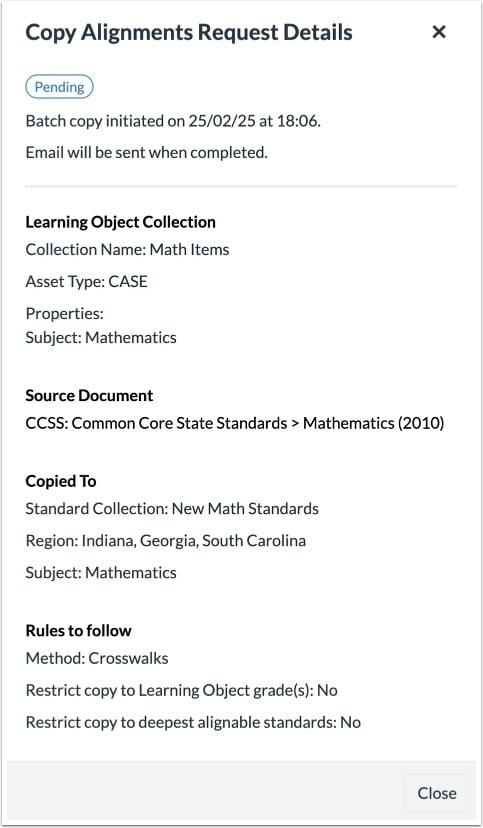 View Copy Alignments Request Details