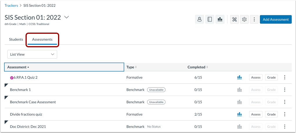 Open Assessments View