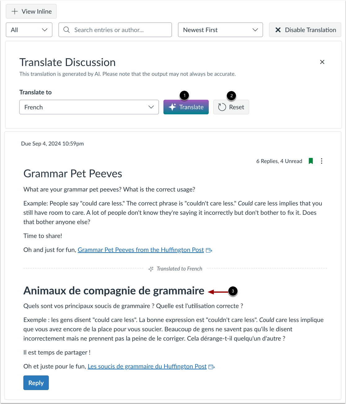 View Translation Options and Translations