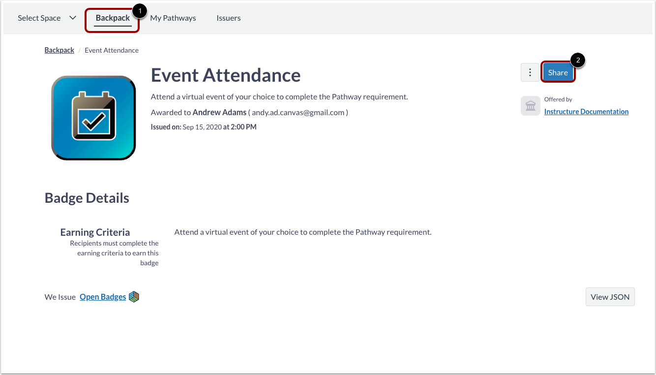 Option 2: From your Badgr backpack