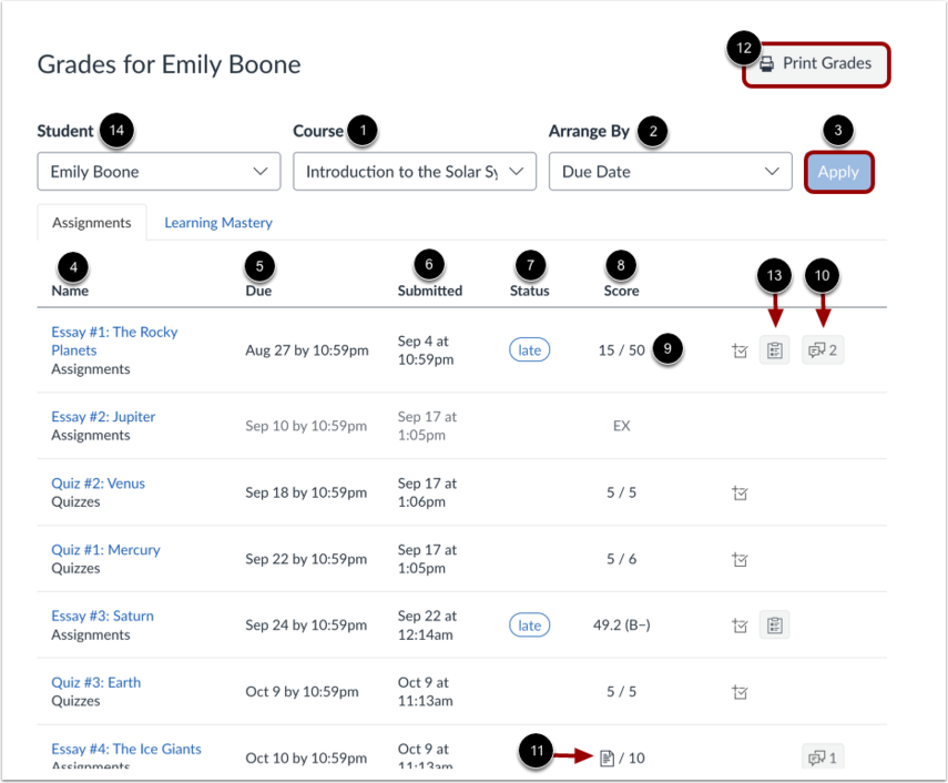 How do I view the Grades page for a student as an observer ...