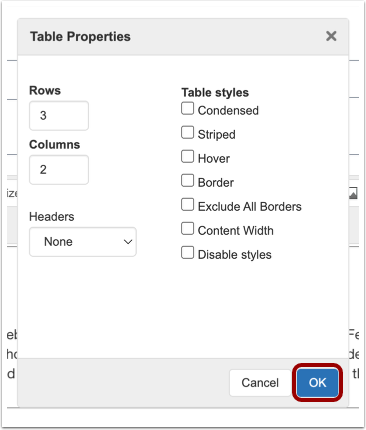 Set Table Properties