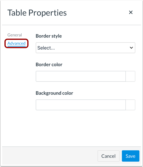Edit Advanced Table Properteies