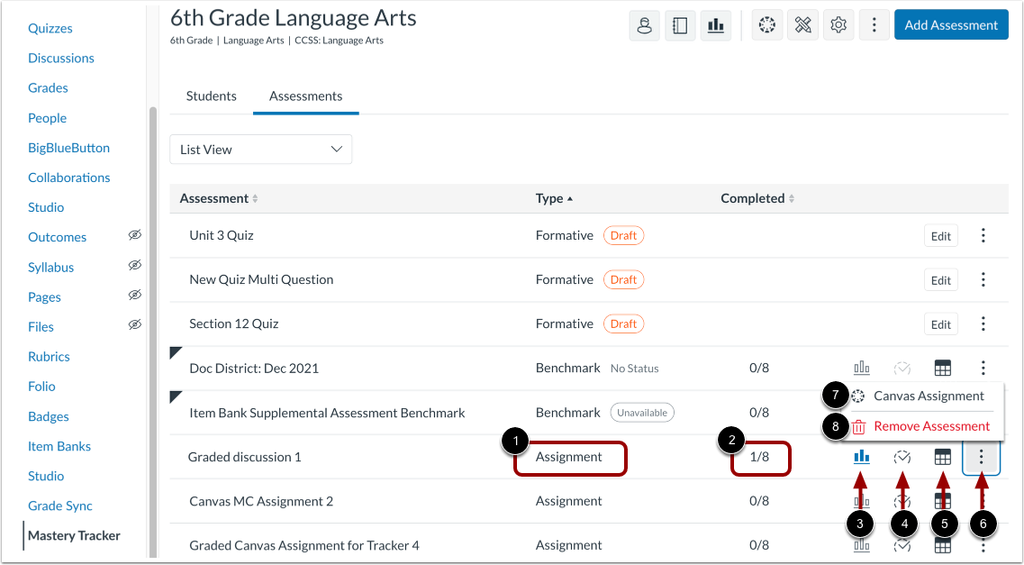 View Assignment in Mastery Tracker Assessments Tab