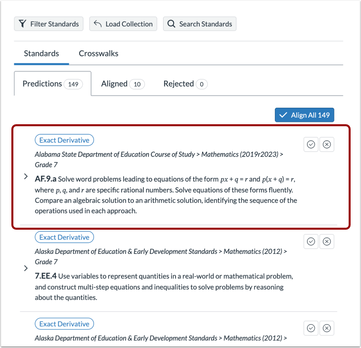 View Filtered Standards