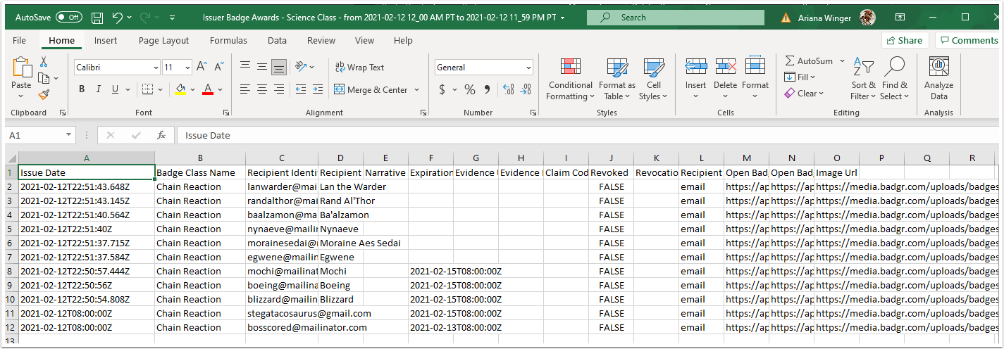 Exporting a badge awards to a CSV file: