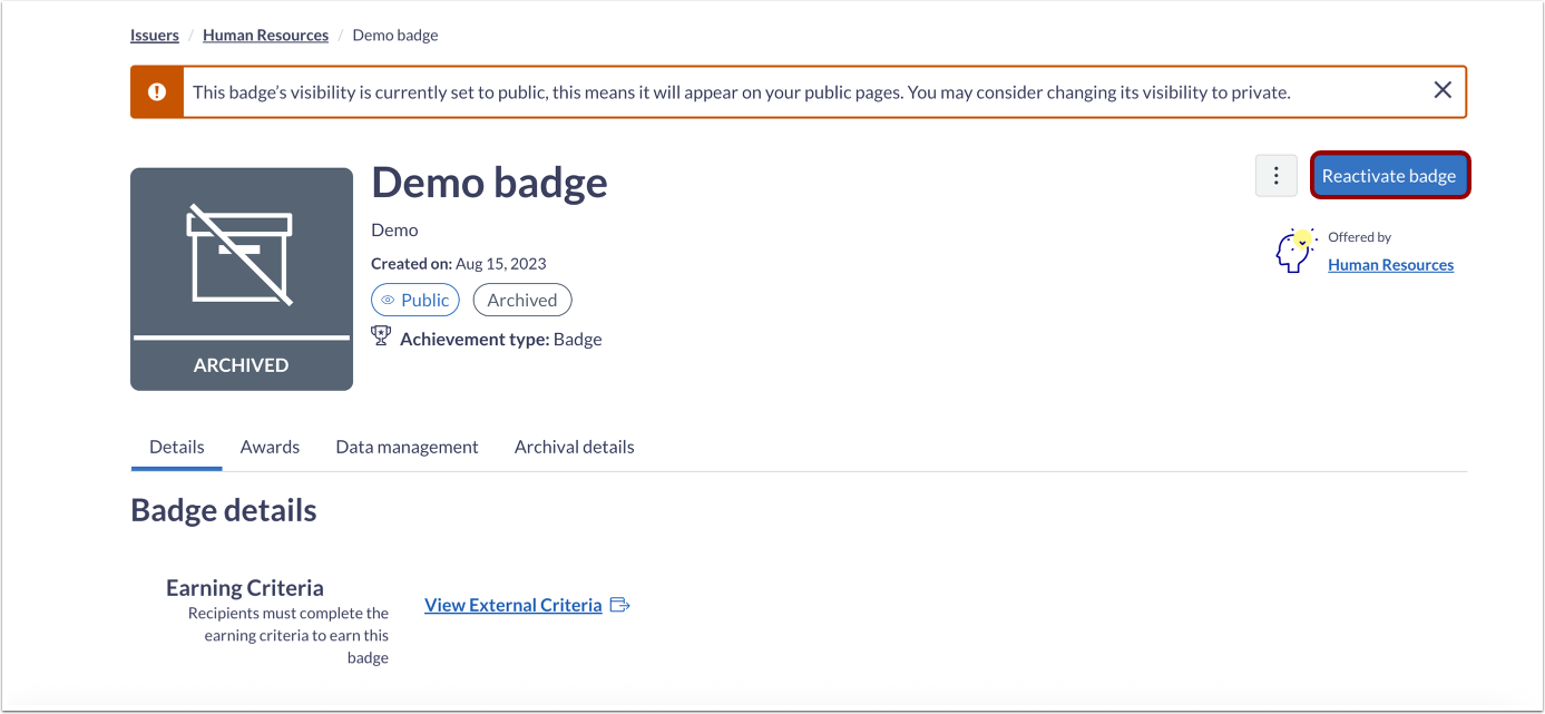 Manage Archived Badges