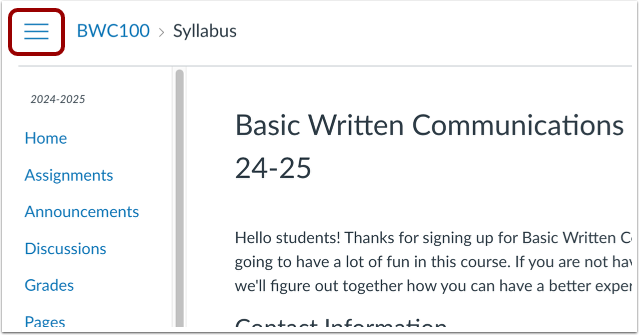 Collapse Course Navigation Menu