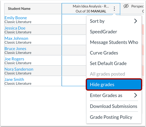 Open Hide Grades Tray