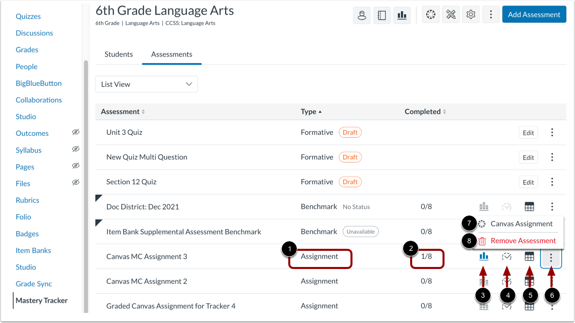 View Assignment in Mastery Tracker Assessments Tab