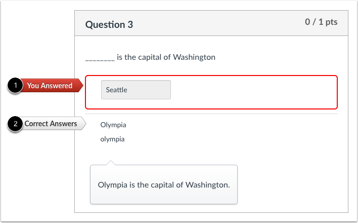 Student View for Fill-in-the-Blank Feedback Incorrect Answer
