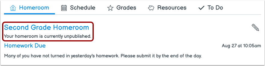 View Unpublished Homeroom Warning