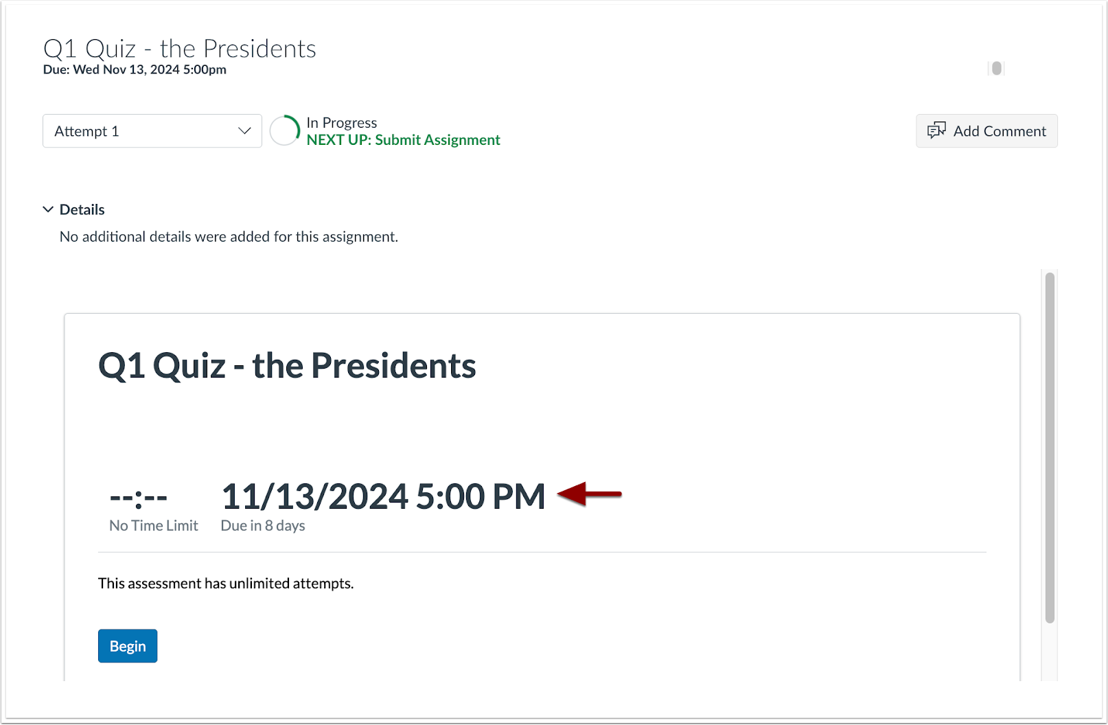 View Quiz Due Date and Time