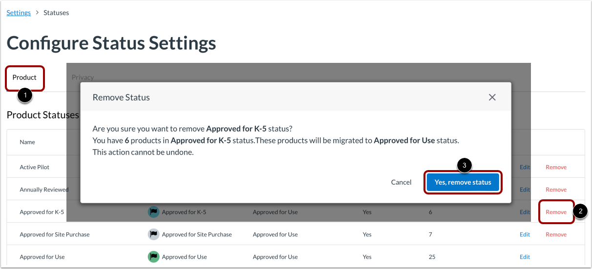 Remove Product Status