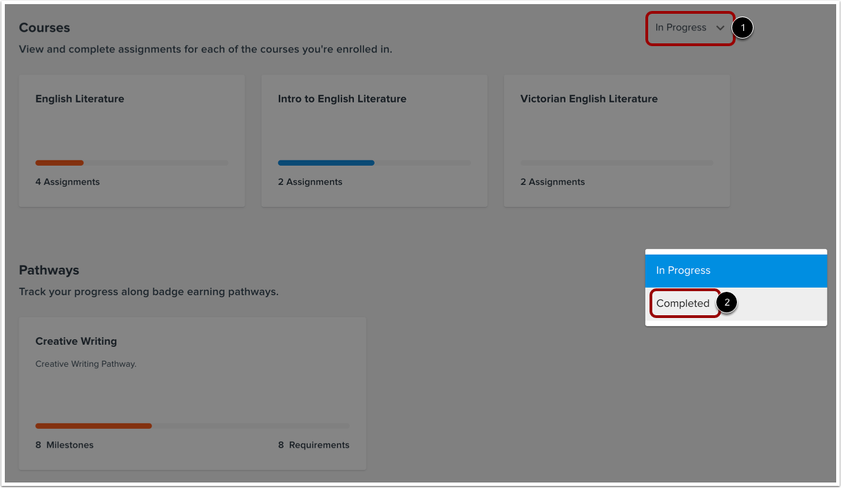 Filter Completed Courses and Pathways