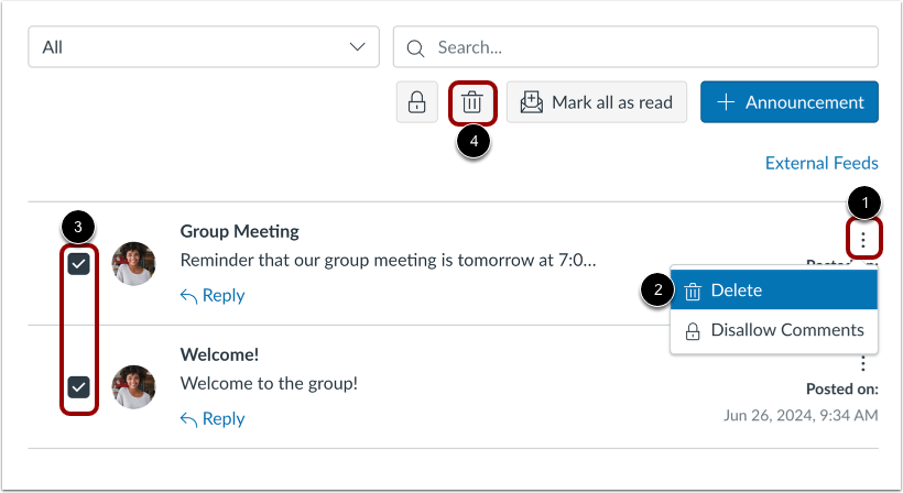 Delete in Announcements Page