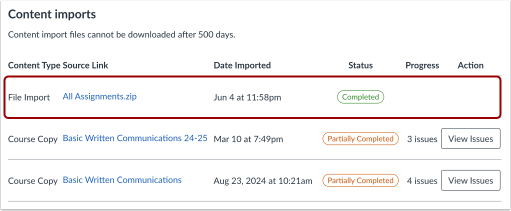 View Import Progress