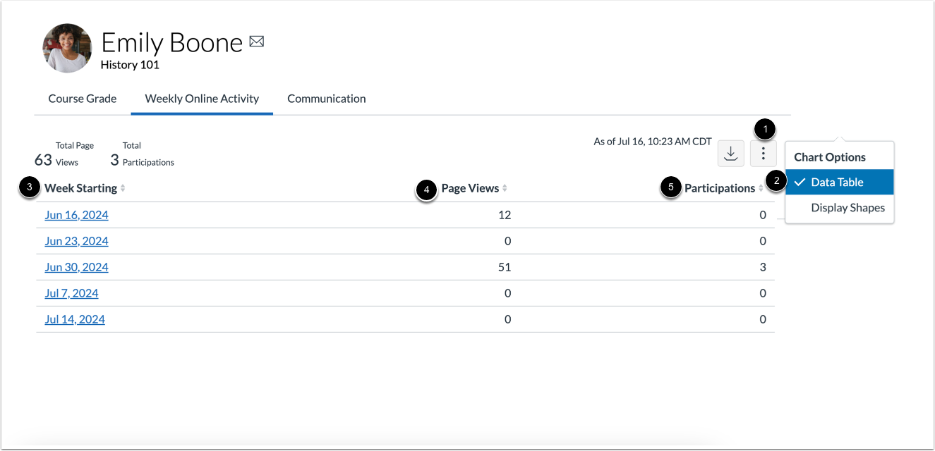 View Weekly Online Activity Data Table