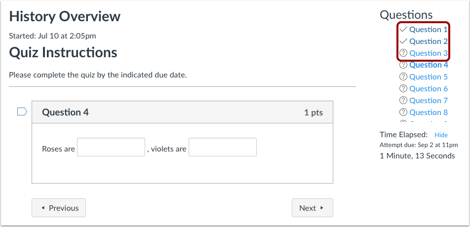Navigate Questions in Sidebar