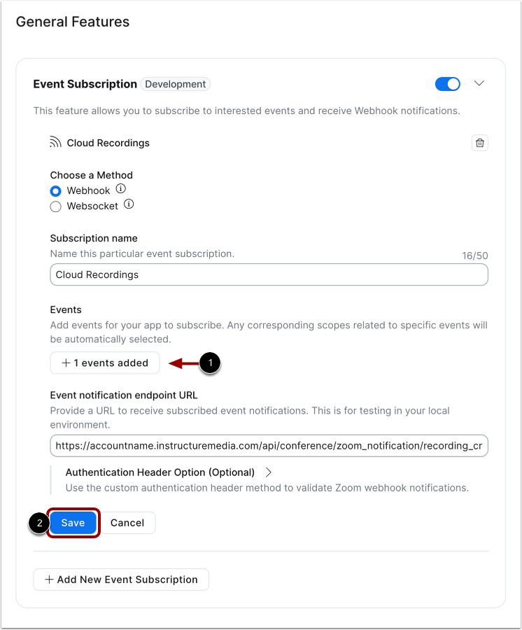 Save Event Subsciption