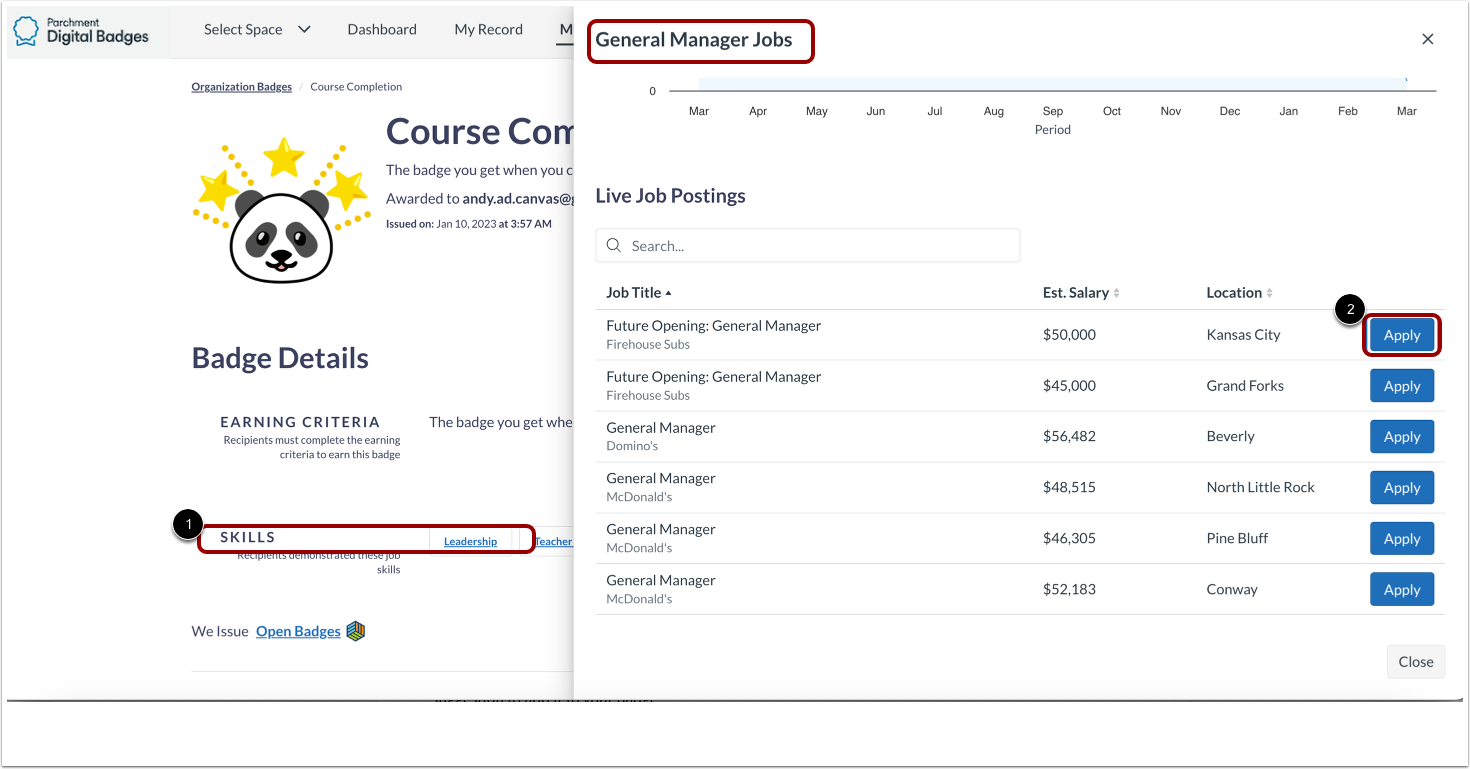 Viewking skills on the badge's public page