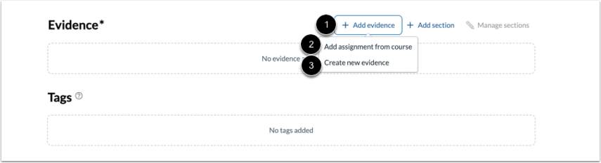 Add Evidence screenshot, showing the "add assignment from course" and "create new evidence" options.