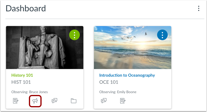 View Announcements from Course Card Dashboard