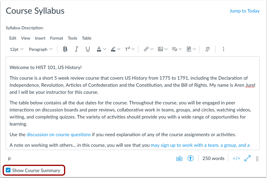Manage Course Summary