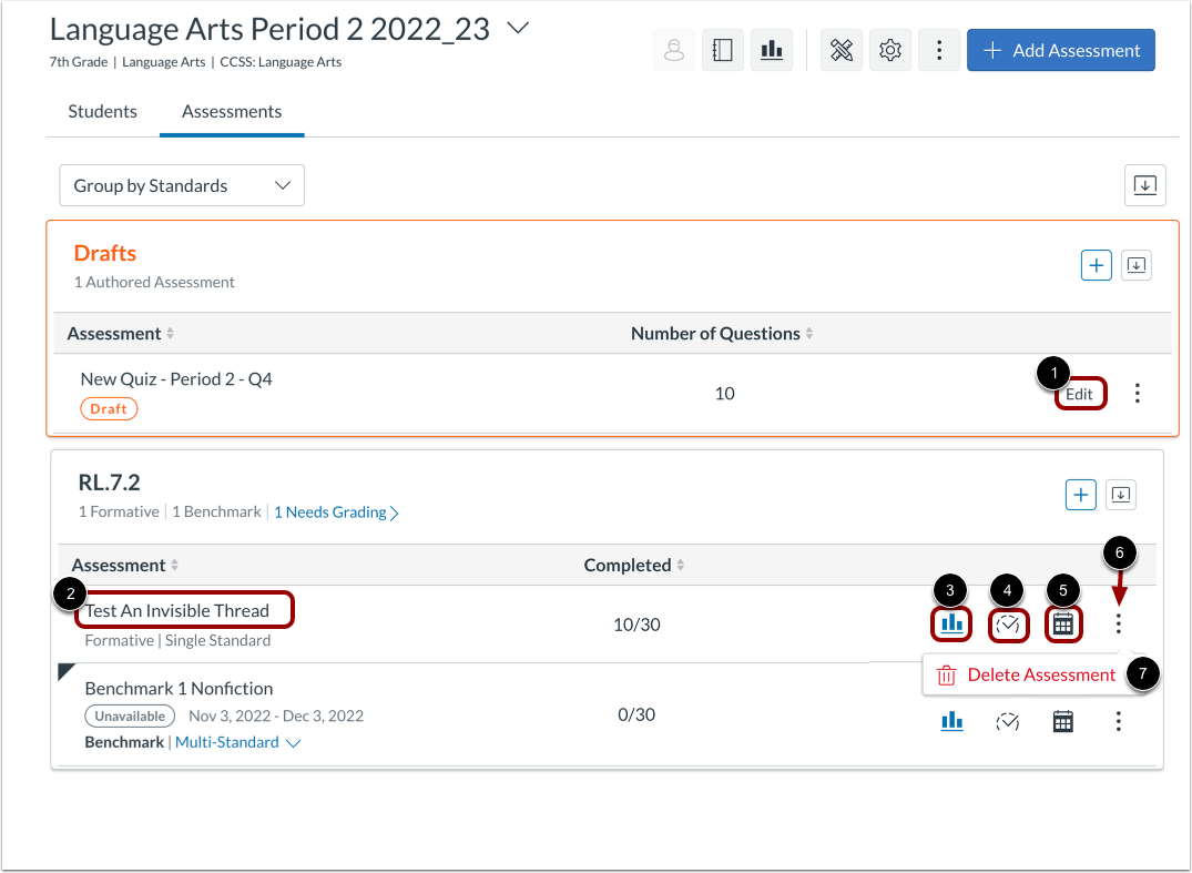 Manage Assessments Grouped by Standards
