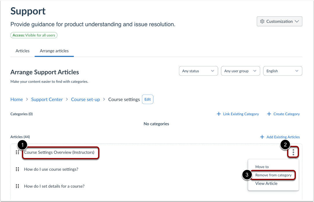 Remove Article from Support Center Category