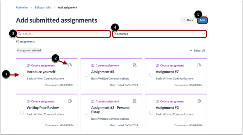 Portfolio add submitted assignments window