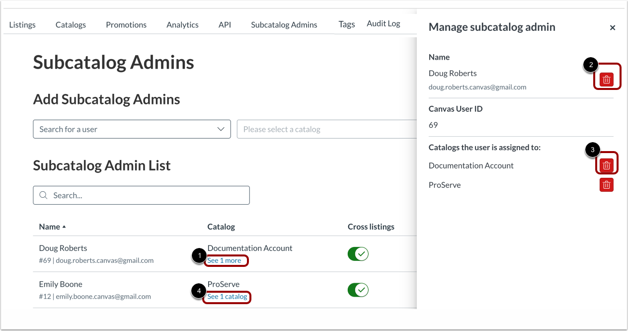Delete Subcatalog Admin