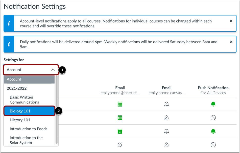 Open Course Notification Settings