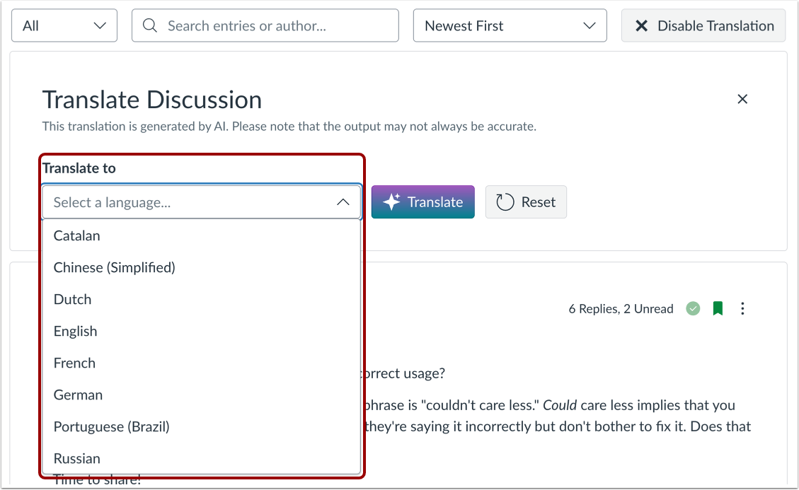 View Translation Options
