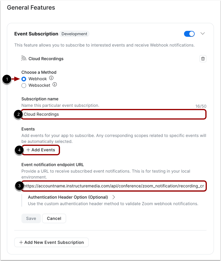 Enter Event Subscription Details