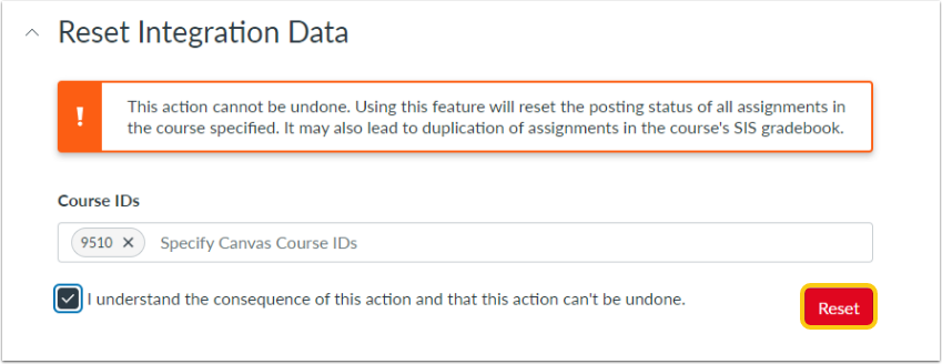 Reset Course Integration Data
