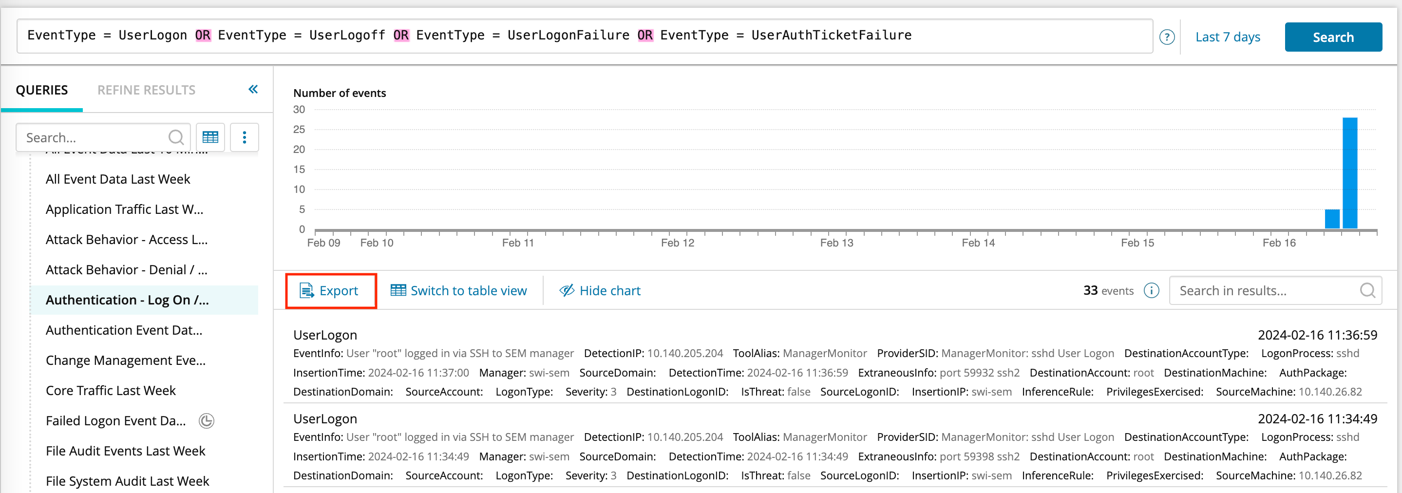 Screenshot of a user clicking the Export button above the results tabular column within the SEM Historical Events & Reports page