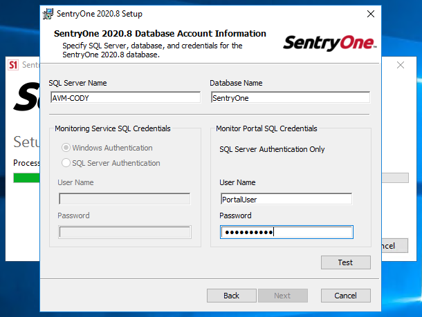 SentryOne Portal Database Account Verification