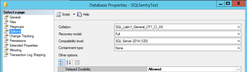 SSMS Database Properties Options