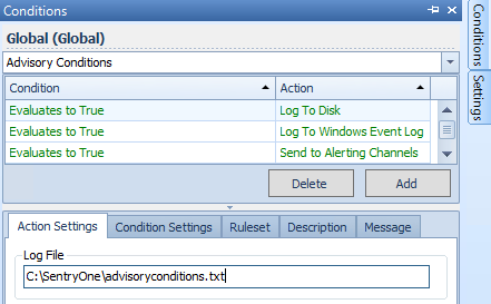 Available Actions - Log to Disk Settings